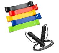 DisMa | Set Bandas Elásticas + Cuerda de Saltar de 2,8 Metros y Mangos de Espuma | Bandas de Resistencia Fitness para Piernas, Glúteos, Brazos (Verde + Negro, 5 Unidades)