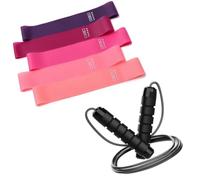 DisMa | Set Bandas Elásticas + Cuerda de Saltar de 2,8 Metros y Mangos de Espuma | Bandas de Resistencia Fitness para Piernas, Glúteos, Brazos (Morado + Negro, 5 Unidades)
