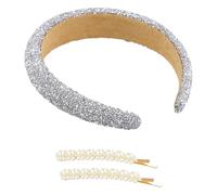Disnace Diadema de Perlas para Mujeres y Niñas, Diadema Brillante Diademas de Moda, Bandas Anchas Acolchadas para Bodas Fiestas Cumpleaños y Uso Diario, con dos Pinzas de Perlas para el Pelo