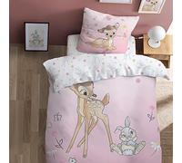 Disney Bambi Flowers - Juego de cama infantil para 1 persona, 100% algodón, Oeko-TEX | Funda nórdica de 140 x 200 cm + 1 funda de almohada de 63 x 63 cm, estampado reversible para niña, color rosa