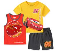 Disney Cars Lightning McQueen - Conjunto de 3 piezas de camiseta, camiseta sin mangas y pantalones cortos para niños grandes, rojo/negro/amarillo (Red/Black/Yellow), 5