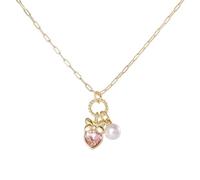Disney Collar de Minnie Mouse mujer, chapado en oro con colgante de cristal rosa y perla, latón, 45 cm