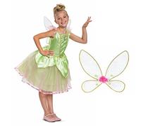 Disney Disfraz de Campanilla de Peter Pan para niños, con licencia oficial de Disguise, bonito vestido de Campanilla para niñas, corpiño brillante y falda de malla, incluye alas de hadas desmontables