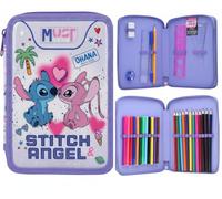 Disney Estuche de doble piso lleno de papelería para niños, Stitch & Angel - Cremallera doble, moderno