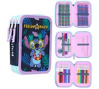 Disney Estuche de Lápices con Papelería para Niñas, Estuches Escolares, Lápices de Colores, Rotuladores (Stitch Cremallera Triple)