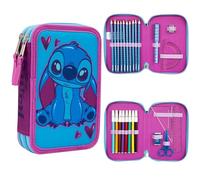 Disney Estuche de Lápices con Papelería para Niñas, Estuches Escolares, Lápices de Colores, Rotuladores (Cremallera Doble con Puntada Azul/Rosa)