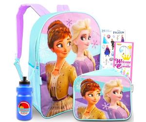 Disney Frozen Anna y Elsa Mochila escolar Set de suministros para niñas ~ Paquete de 6 piezas con bolsa de escuela congelada de 16 pulgadas, bolsa de almuerzo, botella de agua de plástico, 300 pegatinas congeladas, y más