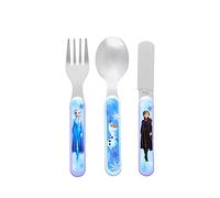 Disney Frozen II - Juego de cubiertos de 3 piezas de metal, cuchillo, tenedor y cuchara reutilizables para niños, tamaño infantil, hechos de acero inoxidable apto para alimentos y plástico ABS, con