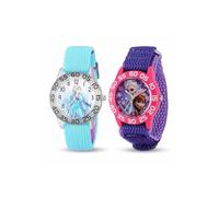 Disney Frozen - Juego de 2 relojes para niños de 4 a 7 años, con diseños de esfera de copo de nieve de Elsa y Anna, biseles rosa y negro con correas de nailon azul y morado, obtén 2 relojes