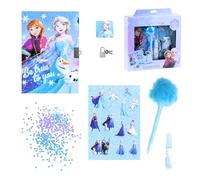 Disney Frozen Juego de Papelería, Incluye 1 Boligrafo Pom Pom, Lentejuelas, Pegatinas, Cuaderno Candado y Llaves, Regalo Set de Papeleria para Niñas