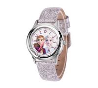 Disney Frozen - Reloj analógico de acero inoxidable con correa de cuero para niños (caja lisa), plata, correa, plata, Correa