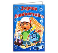 DISNEY HANDY MANNY Y SUS HERRAMIENTAS Tarjeta Feliz Cumpleaños Plata Brillante Sobre Amarillo Pequeño Niño Reparador Niño TV Serie Película Animación 3D Robot Perro Tuercas Tornillos 120772