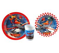 Disney Juego de 24 piezas: 8 platos grandes de papel (23 cm) + 8 platos pequeños (20 cm) + 8 vasos para fiesta de cumpleaños, fiesta de avión.