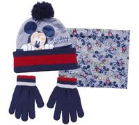 Disney Juego de 3 piezas de gorro + guantes + bufanda de Mickey Mouse para niños, azul / rojo, 2-8 años