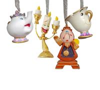 Disney - Juego de 4 adornos colgantes de resina de La Bella y la Bestia - Cogsworth, Chip, Lumiere & Mrs Potts - Adornos de árbol de Navidad con purpurina - Regalo con licencia y artículos para el