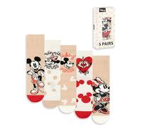 Disney Juego de 5 calcetines de Mickey Mouse y Minnie Mouse | Diseño de lunares en beige, rojo y blanco | Ropa de diario para mujer | Calcetines de personajes con la frase I Love Hugs