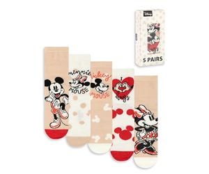Disney Juego de 5 calcetines de Mickey Mouse y Minnie Mouse | Diseño de lunares en beige, rojo y blanco | Ropa de diario para mujer | Calcetines de personajes con la frase I Love Hugs