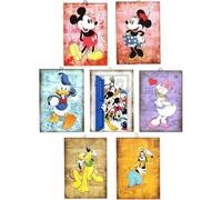 Disney Juego de 7 cuadros Mickey Minnie Mouse Doland Daisy Duck Goofy Pluto estilo vintage serie cómics dibujos animados de colección, impresión sobre madera, 25 x 18 cm.