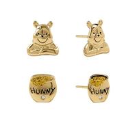 Disney Juego de aretes de tuerca de plata de ley en tono dorado Winnie the Pooh y Hunny Pot con detalles de cristal