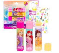 Disney Juego de bálsamo labial de princesa, paquete a granel con 3 tubos en varios sabores más calcomanías para niñas, niños, kit de recuerdos de fiesta de princesa Disney