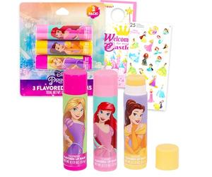 Disney Juego de bálsamo labial de princesa, paquete a granel con 3 tubos en varios sabores más calcomanías para niñas, niños, kit de recuerdos de fiesta de princesa Disney