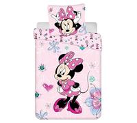 Disney - Juego de cama infantil de Minnie Mouse con corazones y flores rosas, funda nórdica de 160 x 200 cm + almohada de 70 x 80 cm, 100% algodón