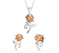 Disney Juego de collar y pendientes de plata de ley y oro rosa de la Bella y la Bestia S901065TL, talla única, Plata esterlina, No es una piedra preciosa