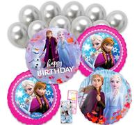 Disney Juego de globos de cumpleaños de Frozen, paquete con 4 globos decorativos de aluminio con calcomanías de Elsa, Anna, Olaf Plus, más | Decoraciones de globos de Disney para fiestas