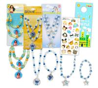 Disney Juego de joyas para niñas - Paquete de accesorios de vestir con colgantes y pulseras con puntadas, Moana, Bluey Plus, calcomanías | Juego de collar y pulsera Disney para niños