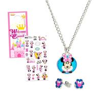 Disney Juego de joyas para niñas - Paquete de accesorios de vestir con collar y aretes más calcomanías, más | Joyería de personajes para niños (Minnie Mouse)