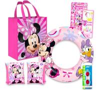 Disney Juego de juguetes de playa de Minnie Mouse, 6 piezas de juguetes de piscina de Disney con pelota de playa de Minnie, flotadores de brazo, gafas y bolsa de mano y más