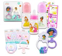 Disney Juego de regalo de princesa para bebé, regalos de baby shower para niñas neutrales, paquete de 8 piezas esenciales para recién nacidos con sonajero, botella, chupete, calcomanías para álbumes