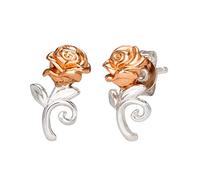 Disney La Bella y la Bestia, Aretes de Plata de Ley con Forma de Rosa en Dos Tonos