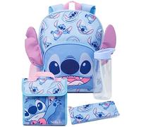 Disney Lilo and Stitch 4 Piece Backpack Girls | Niños Niños Personaje Alienígena Orejas 3D Mochila Bolsa de Almuerzo Estuche de lápices y Botella de Agua | Regalos de Mochila para el Regreso a Clases