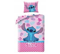 Disney Lilo e Stitch - Juego de cama con funda nórdica individual reversible de 140 x 200 cm y funda de almohada de 70 x 90 cm - Rosa multicolor - 100% algodón OEKO-TEX