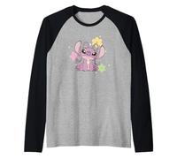 Disney Lilo & Stitch Cute Angel Floral Sparkles Chest Logo Camiseta Manga Raglan