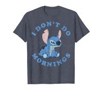 Disney Lilo & Stitch I Don't Do Mornings Distressed Stitch Camiseta, Hombre, Azul Jaspeado, M