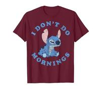 Disney Lilo & Stitch I Don't Do Mornings Distressed Stitch Camiseta, Hombre, Granate, M