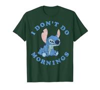 Disney Lilo & Stitch I Don't Do Mornings Distressed Stitch Camiseta, Hombre, Verde Bosque, M