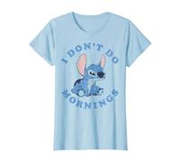 Disney Lilo & Stitch I Don't Do Mornings Distressed Stitch Camiseta, Mujer, Azul Bebé, M
