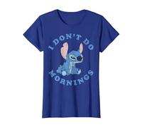 Disney Lilo & Stitch I Don't Do Mornings Distressed Stitch Camiseta, Mujer, Azul Real, M