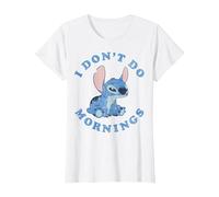 Disney Lilo & Stitch I Don't Do Mornings Distressed Stitch Camiseta, Mujer, Blanco, M