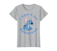 Disney Lilo & Stitch I Don't Do Mornings Distressed Stitch Camiseta, Mujer, Gris Jaspeado, M