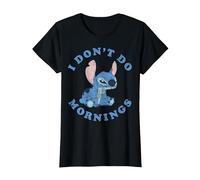 Disney Lilo & Stitch I Don't Do Mornings Distressed Stitch Camiseta, Mujer, Negro, M