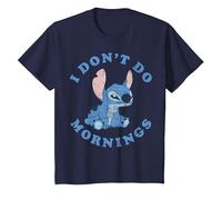 Disney Lilo & Stitch I Don't Do Mornings Distressed Stitch Camiseta, Niños, Azul Marino, 10 años
