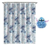Disney Lilo & Stitch - Juego de baño de 2 piezas, cortina de ducha floral blanca y azul y limpiador corporal de lufa