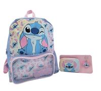 Disney Lilo & Stitch - Mochila para niñas, juego de mochila escolar de 3 piezas con monedero, cartera y llavero, mochila de punto para niños