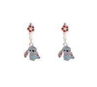 Disney Lilo & Stitch - Pendientes Colgantes de Flores esmaltadas Plateadas y Rojas