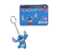 Disney Lilo & Stitch Stitch - Juego de cartera azul para mujer, tarjetero y llavero con diseño floral, mercancía retro para todas las edades