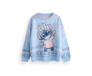 Disney Lilo & Stitch Womens Christmas Jumper in Blue | Warm Graphic Knitted Sweater for Adults | Festive Holiday Long Sleeve Knitwear Top | Fun Pullover Knit Unique Movie Merchandise Gift for Her